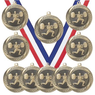 10 Pack of Male Weightlifter Weightlifting Gold Medals Trophy Award with Neck Ribbons MS2