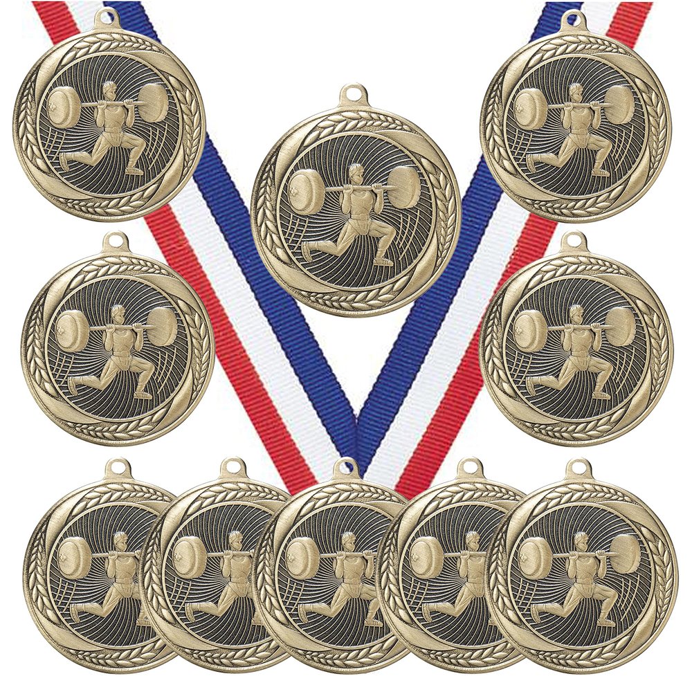 10 Pack of Male Weightlifter Weightlifting Gold Medals Trophy Award with Neck Ribbons MS2