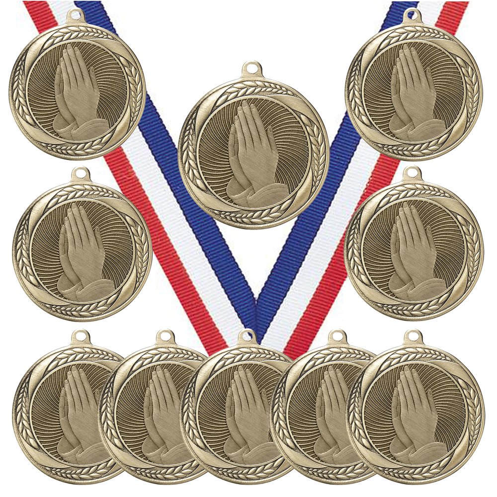 10 Pack of Praying Hands Religious Prayer Gold Medals Trophy Award with Neck Ribbons MS2