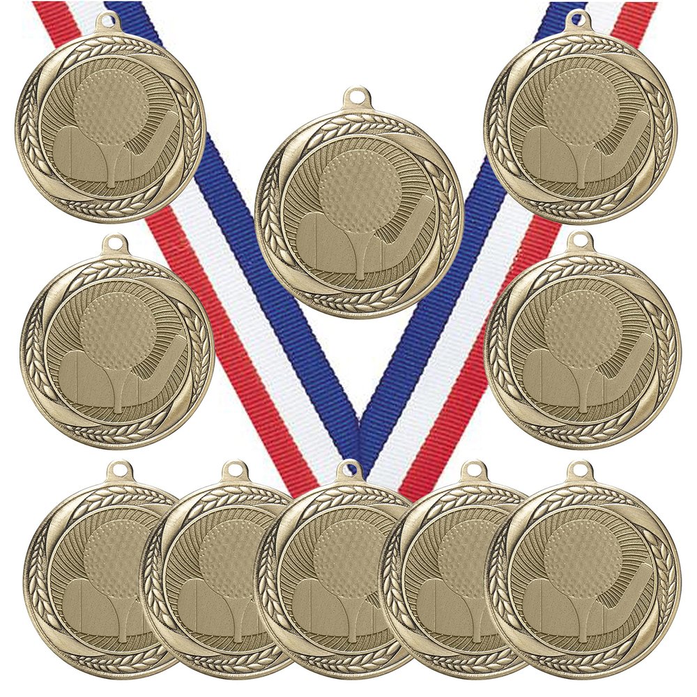 10 Pack of Golf Gold Medals Trophy Award with Neck Ribbons MS2