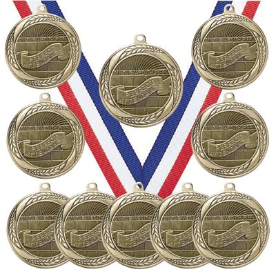 10 Pack of Perfect Attendance Gold Medals Trophy Award with Neck Ribbons MS2