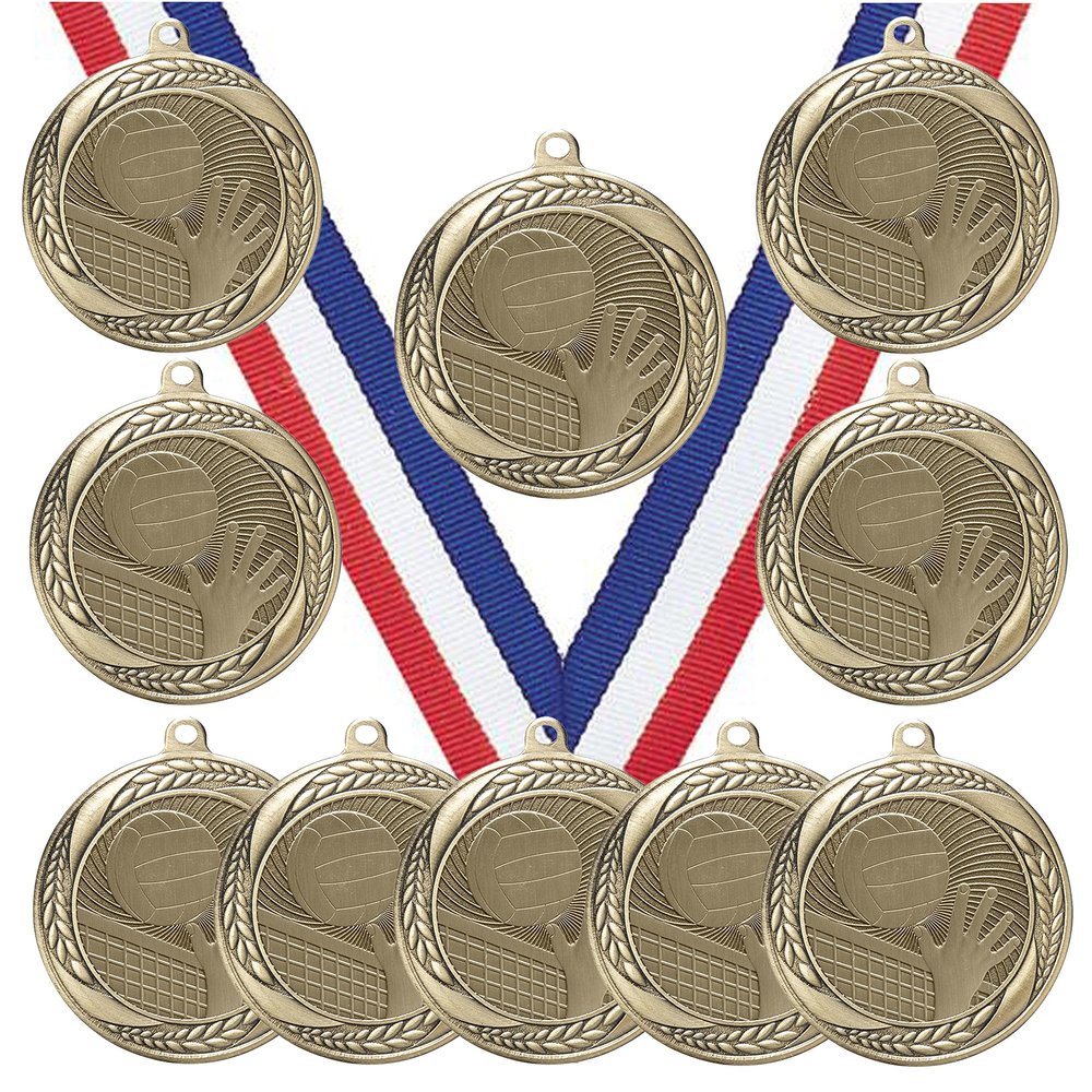 10 Pack of Volleyball Gold Medals Trophy Award with Neck Ribbons MS2