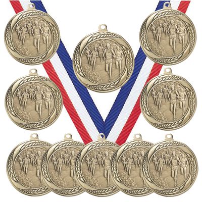 10 Pack of Cross Country Running Gold Medals Trophy Award with Neck Ribbons MS2