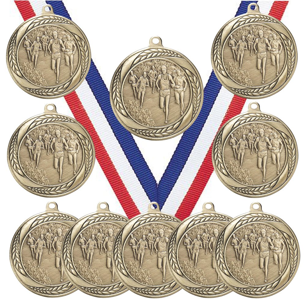 10 Pack of Cross Country Running Gold Medals Trophy Award with Neck Ribbons MS2