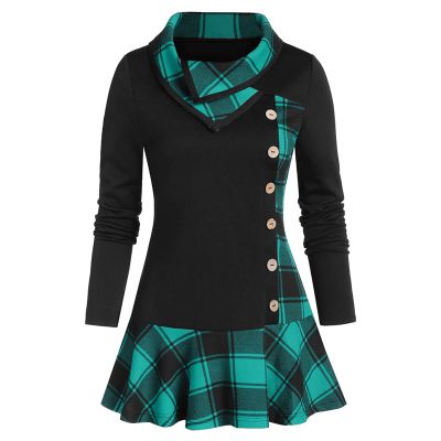 Womens Plus Size Tops Coat Button Turtleneck Sweater Lattice Pachwork Outerwear Xmas Pliad Print Sweaters Tops Blouse Green