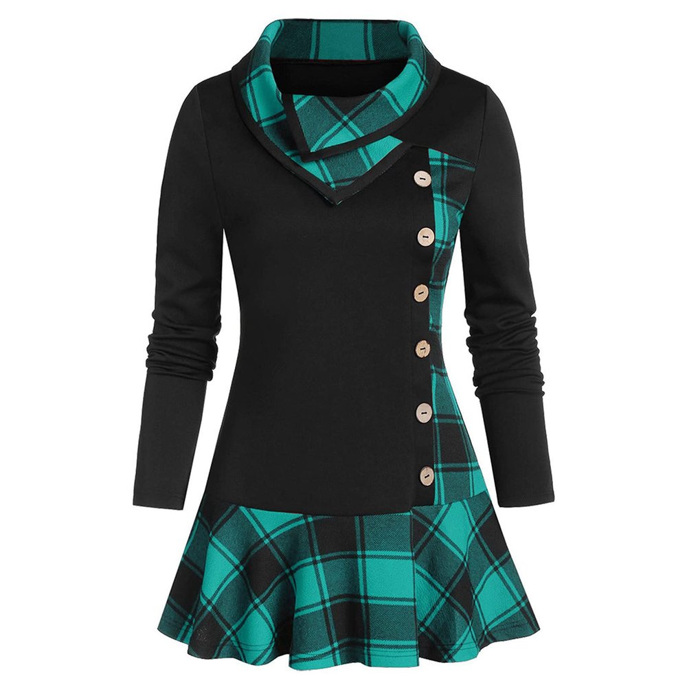 Womens Plus Size Tops Coat Button Turtleneck Sweater Lattice Pachwork Outerwear Xmas Pliad Print Sweaters Tops Blouse Green