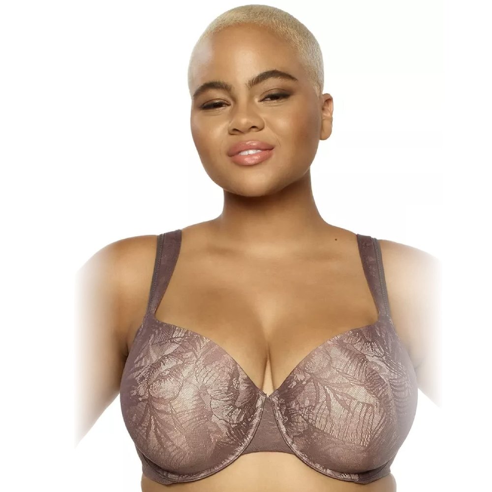Felina Jessamine Side Smoothing T-Shirt Bra (Sparrow, 44DD) | Full Coverage Lace Bra with Underarm & Back Smoothing | Elegant Everyday Support