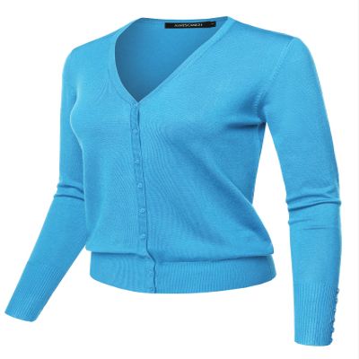 Light Weight Solid V-Neck Button Closure Long Sleeves Sweater Cardigan Sky Blue 1XL