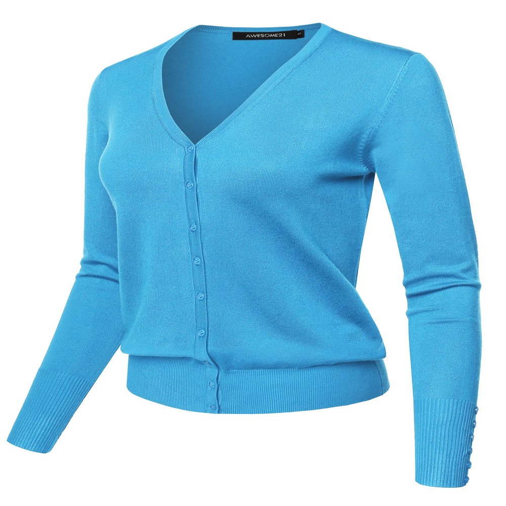 Light Weight Solid V-Neck Button Closure Long Sleeves Sweater Cardigan Sky Blue 1XL