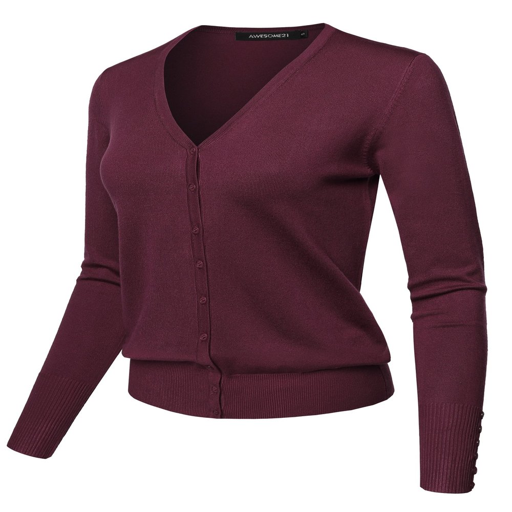 Light Weight Solid V-Neck Button Closure Long Sleeves Sweater Cardigan Burgundy2 1XL