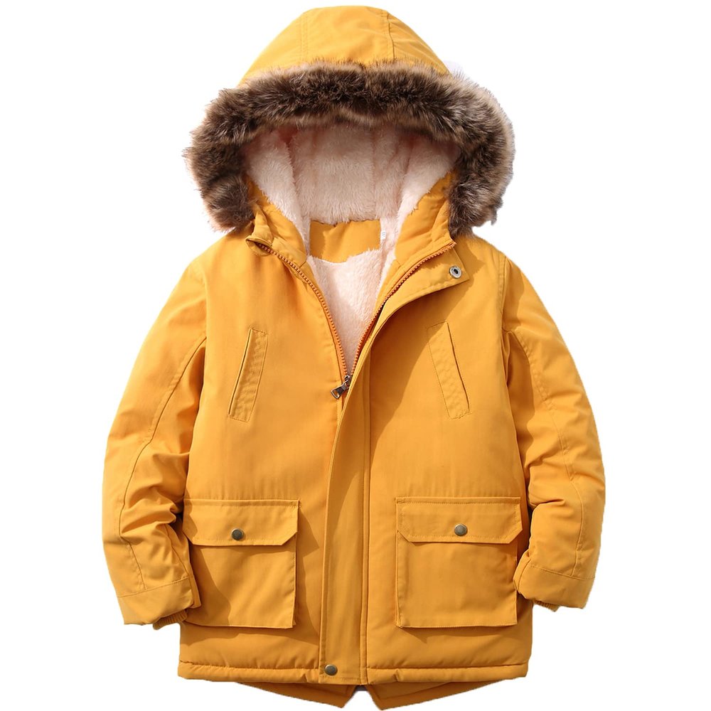 EISHOW Baby Boys' Winter Jackets Down Coats Toddler Faux Fur Hooded Overcoat Dress Warm Cotton Lined Thick Trench Outerwear (Yellow,8-9T,8 Years,9 Years)