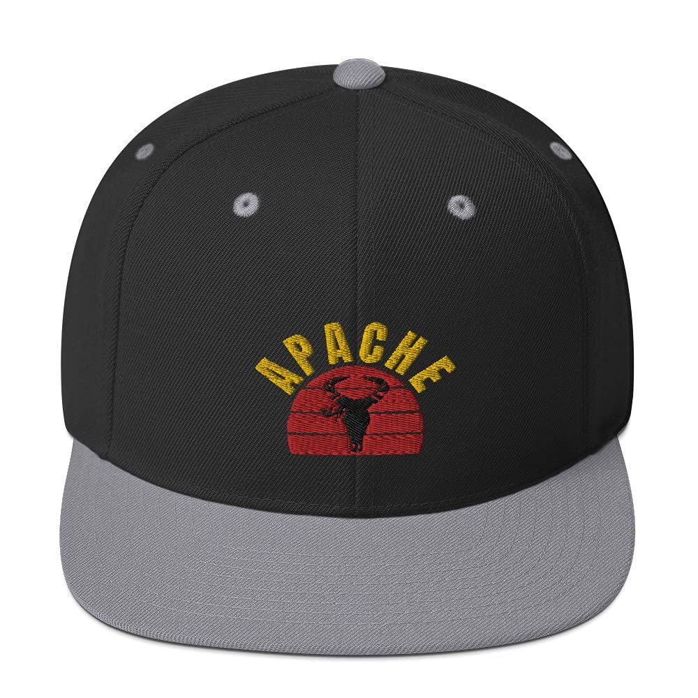 Apache Native American Indigenous 3D Puff Flatbrim Flat Brim Snapback Hat Black/Silver