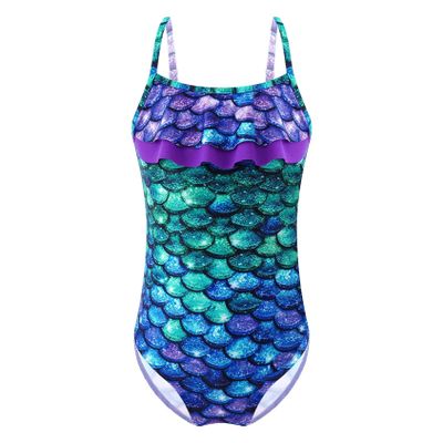 Hedmy Kids Girls One-Piece Mermaid Spaghetti Straps Swimsuit Criss Cross Bikini Swimwear Bathing Suits Purple&Green Fish Scales 6 Years
