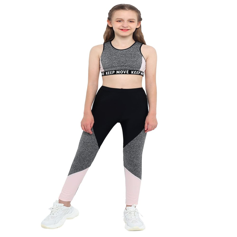 Hedmy Kids Girls Two Piece Athletic Outfit Crop Tops with Booty Shorts for Gymnastic Dance Sports Swimsuit Grey 12 Years
