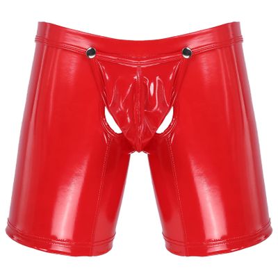 Hedmy Men's Latex PVC Faux Leather Short Pants Solid Buckled Open Crotch Boxer Shorts Hot Pants Red X-Large