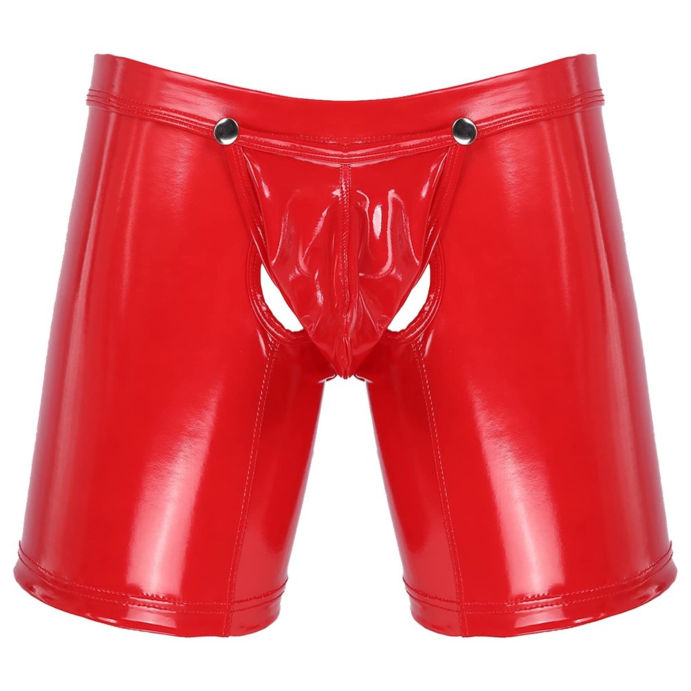 Hedmy Men's Latex PVC Faux Leather Short Pants Solid Buckled Open Crotch Boxer Shorts Hot Pants Red X-Large