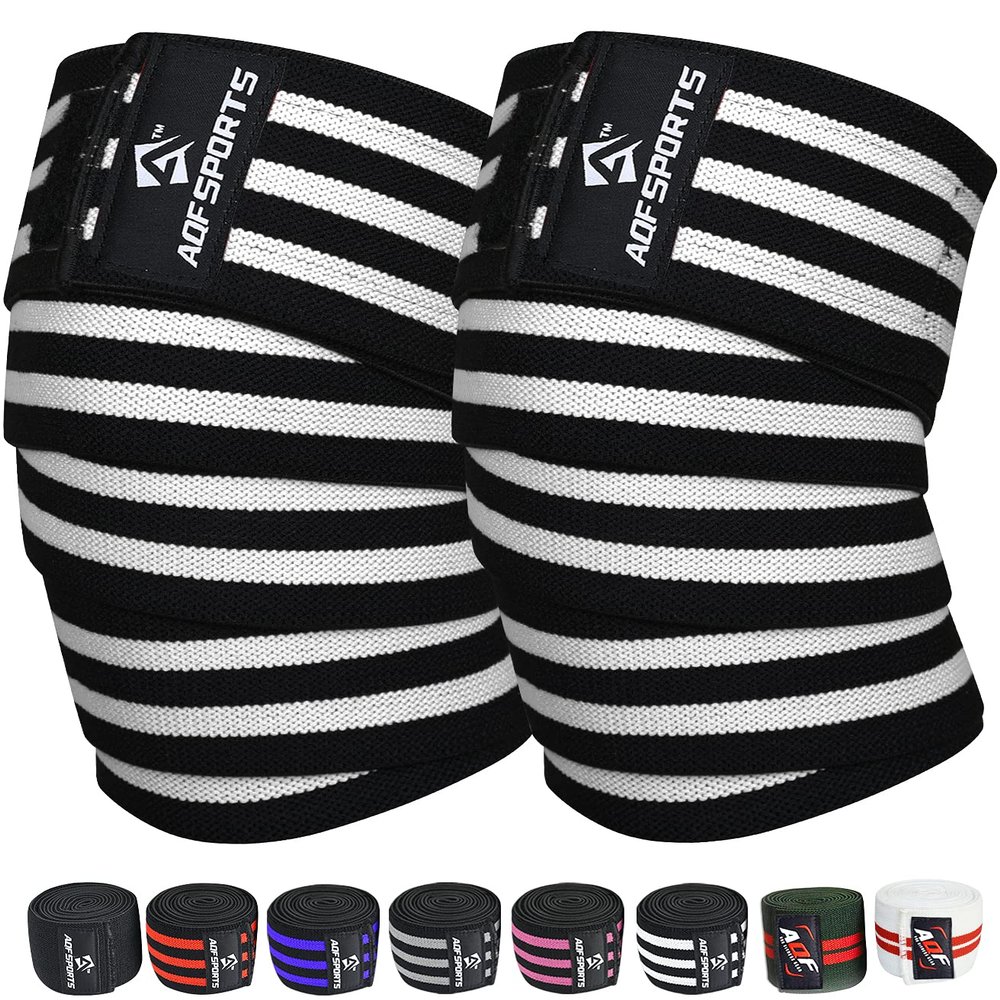 AQF Knee Wraps Weight Lifting Bandage - IPL and USPA Approved Gym Knee Support - Heavy Duty 78 Elasticated Support Straps Guard Powerlifting, Squatting (Pair) (Blk & Wht)
