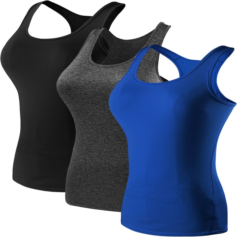 NELEUS Women's 3 Pack Compression Athletic Dry Fit Long Tank Top,Black,Grey,Blue,3XL