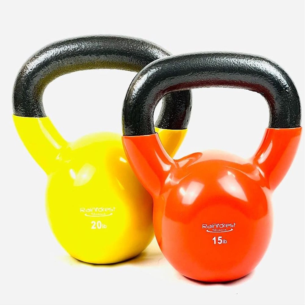 Rainforest Basics Vinyl Coated Cast Iron Kettlebell Weight (15 LB + 20 LB - Orange/Yellow)
