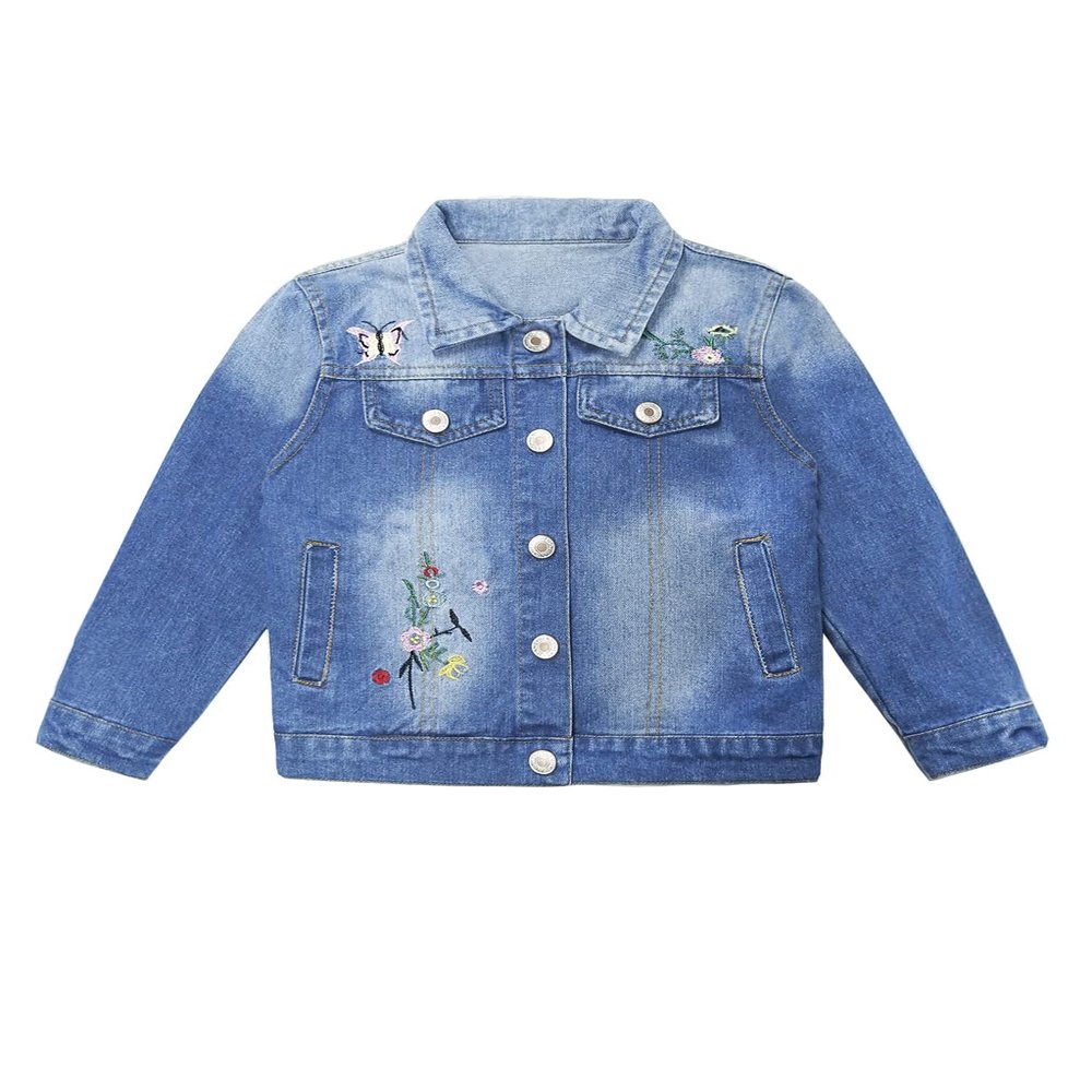 KIDSCOOL SPACE Little Girl Jean Jacket,Flower Embroidered Denim Outfits,Blue,4T