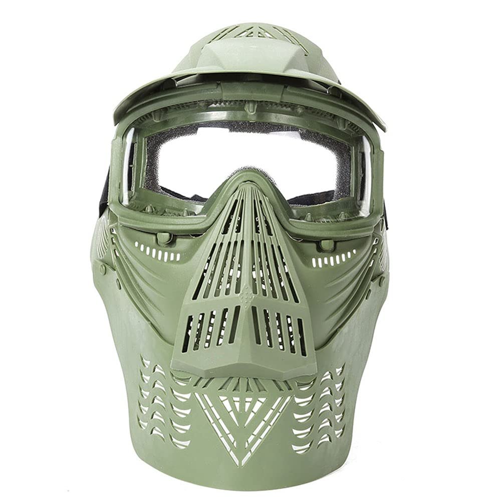 Outdoor Paintball Shooting Face Protection Gear Tactical Full Face PC Mask with Neck Protection Baffle - Green
