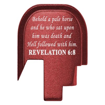 NDZ Performance Slide Cover Back Plate for Smith & Wesson Shield, Shield Plus, Shield M2.0 9mm/.40  CNC Aluminum, Laser Engraved, Made in USA  Red, Bible Revelations 6:8