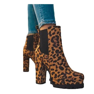 Bcshiye Women's Chunky Heel Knee High Boots Mid Calf Suede Slip on Round Toe Boots Leopard Winter Combat Booties