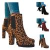 Bcshiye Women's Chunky Heel Knee High Boots Mid Calf Suede Slip on Round Toe Boots Leopard Winter Combat Booties view 2