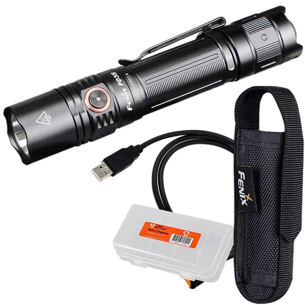 Fenix PD35 v3.0 Rechargeable Tactical Flashlight, 1700 Lumens EDC with Organizer (Black)