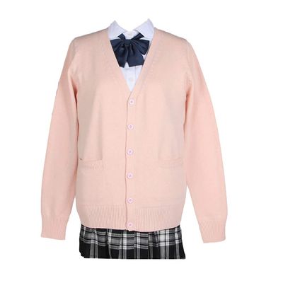 Blostirno Women's Cardigan Sweater V Neck Button Down Knit JK School Uniform Cardigans Girls Long Sleeve Coat with Pockets(Cherry Blossom Pink XL)