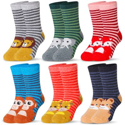 Eocom 6 Pairs Children's Winter Warm Wool Animal Crew Socks Kids Boys Girls Socks (Stripe Animal, 1-3T)
