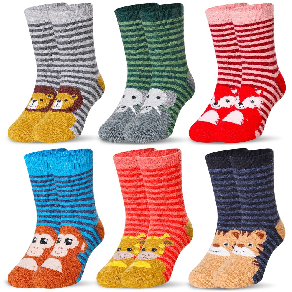 Eocom 6 Pairs Children's Winter Warm Wool Animal Crew Socks Kids Boys Girls Socks (Stripe Animal, 4-7 Years)