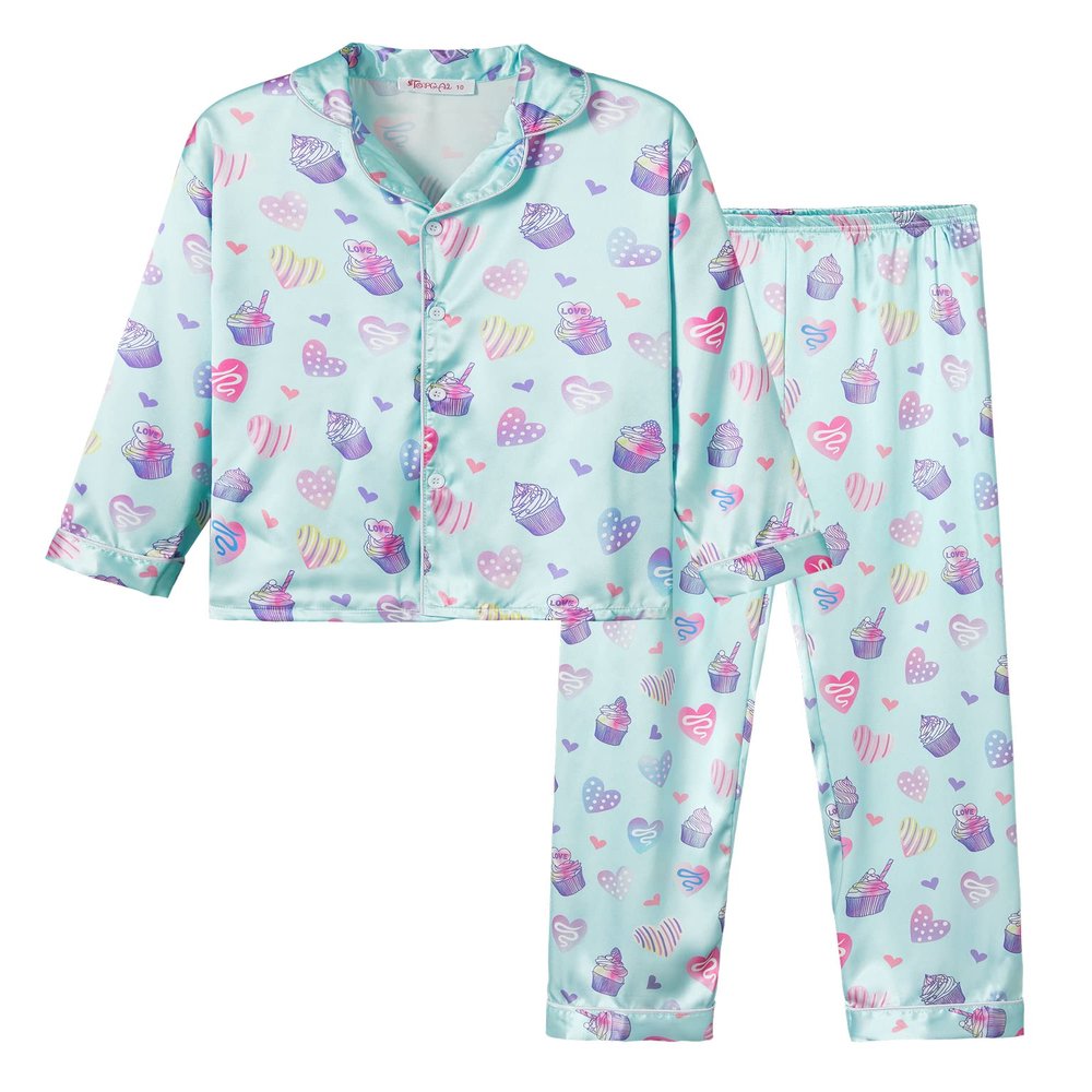 Topgal Teen Girls Satin Silky Button Up Pajama Cute Cupcake Long Sleeve PJS Set Size 12