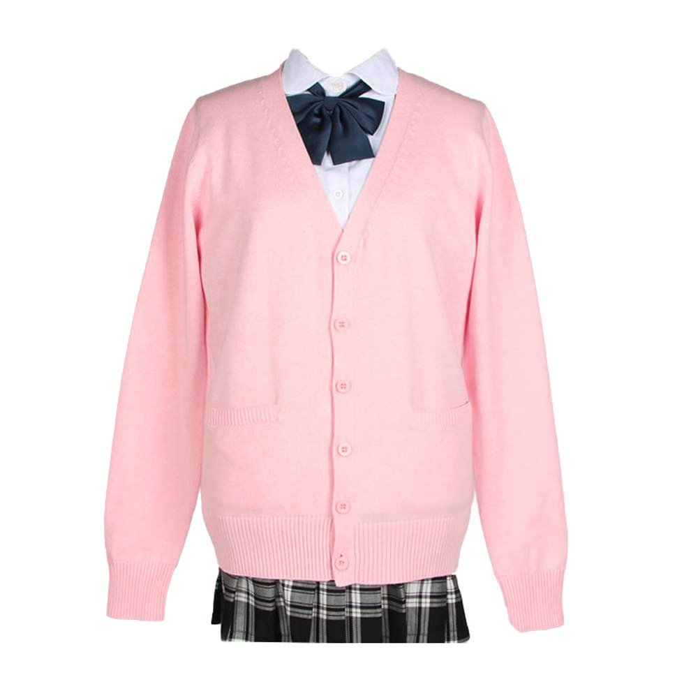 Blostirno Women's Cardigan Sweater V Neck Button Down Knit JK School Uniform Cardigans Girls Long Sleeve Coat with Pockets(Light Pink M)