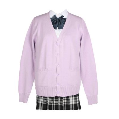 Blostirno Women's Cardigan Sweater V Neck Button Down Knit JK School Uniform Cardigans Girls Long Sleeve Coat with Pockets(Light Purple XL)
