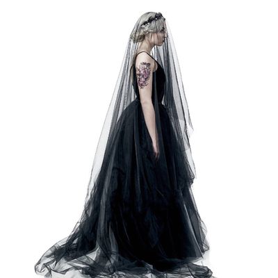 BXT 5M Bride Wedding Veil Halloween Veil Black Lace Cathedral Wedding Bride Veil Headpiece Gothic Halloween Party Costume