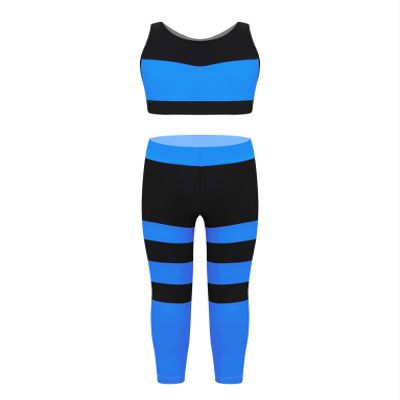 Mufeng Kids Girls Dance Sports Gymnastics Outfits Tank Tops with Leggings Tights 2 Pieces Sportswear Workout Tracksuit Stripes Blue 12 Years