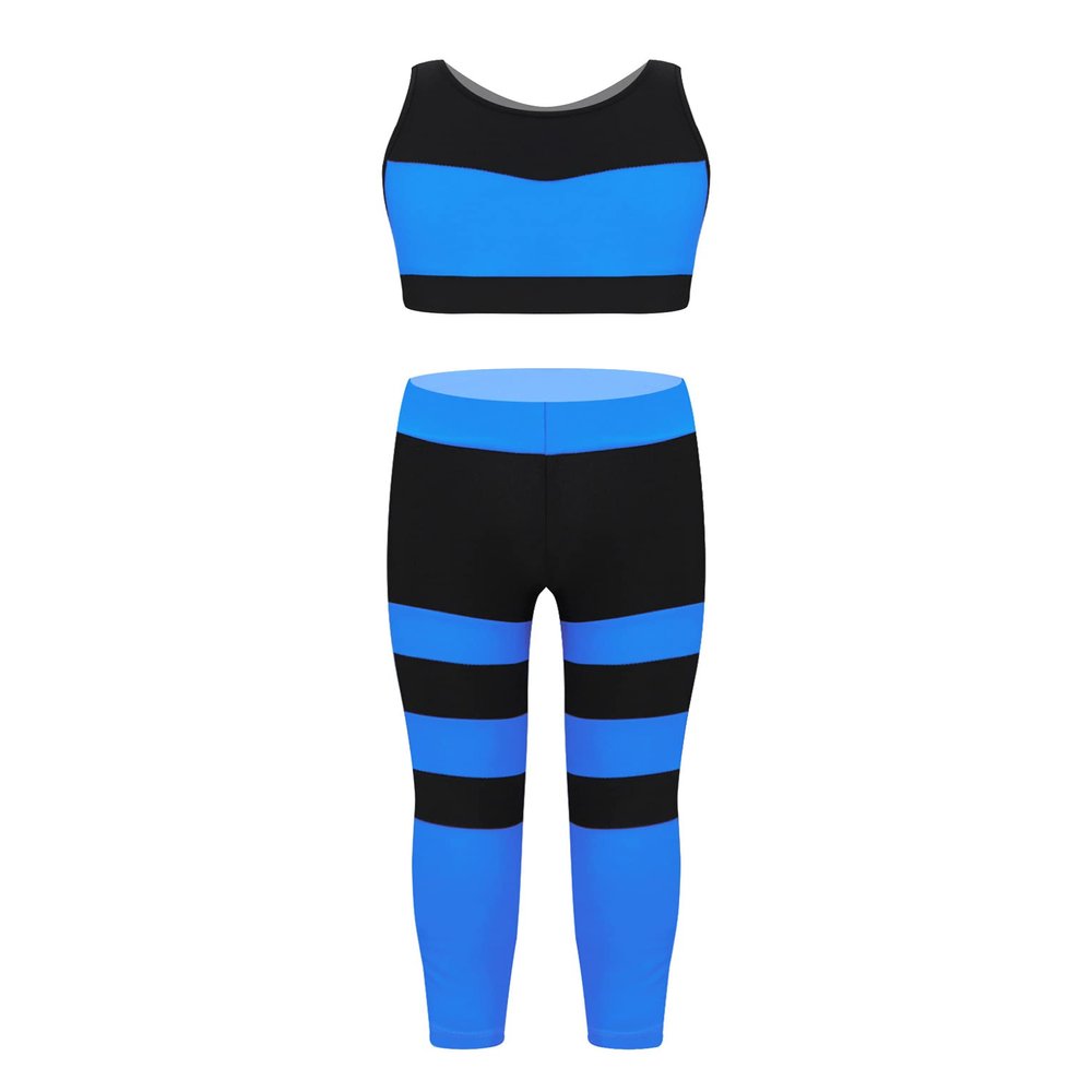Mufeng Kids Girls Dance Sports Gymnastics Outfits Tank Tops with Leggings Tights 2 Pieces Sportswear Workout Tracksuit Stripes Blue 12 Years