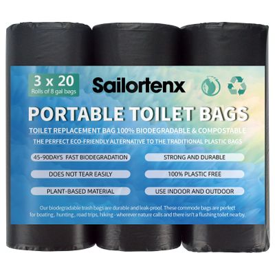 Sailortenx 60 Count 8 Gallon Biodegradable Compostable Portable Toilet Bags, 100% Plant-Based, No Leaks, Disposable, Perfect for Camping, Hiking, Boating, Hunting
