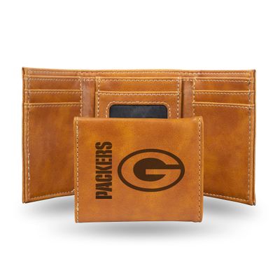 NFL Green Bay Packers Men's Trifold Brown Wallet- Premium Laser-Engraved NFL Team Logo on Vegan/Faux Leather- Minimalist Design Includes ID Window and Credit Card Holder- Ideal Men's Gift