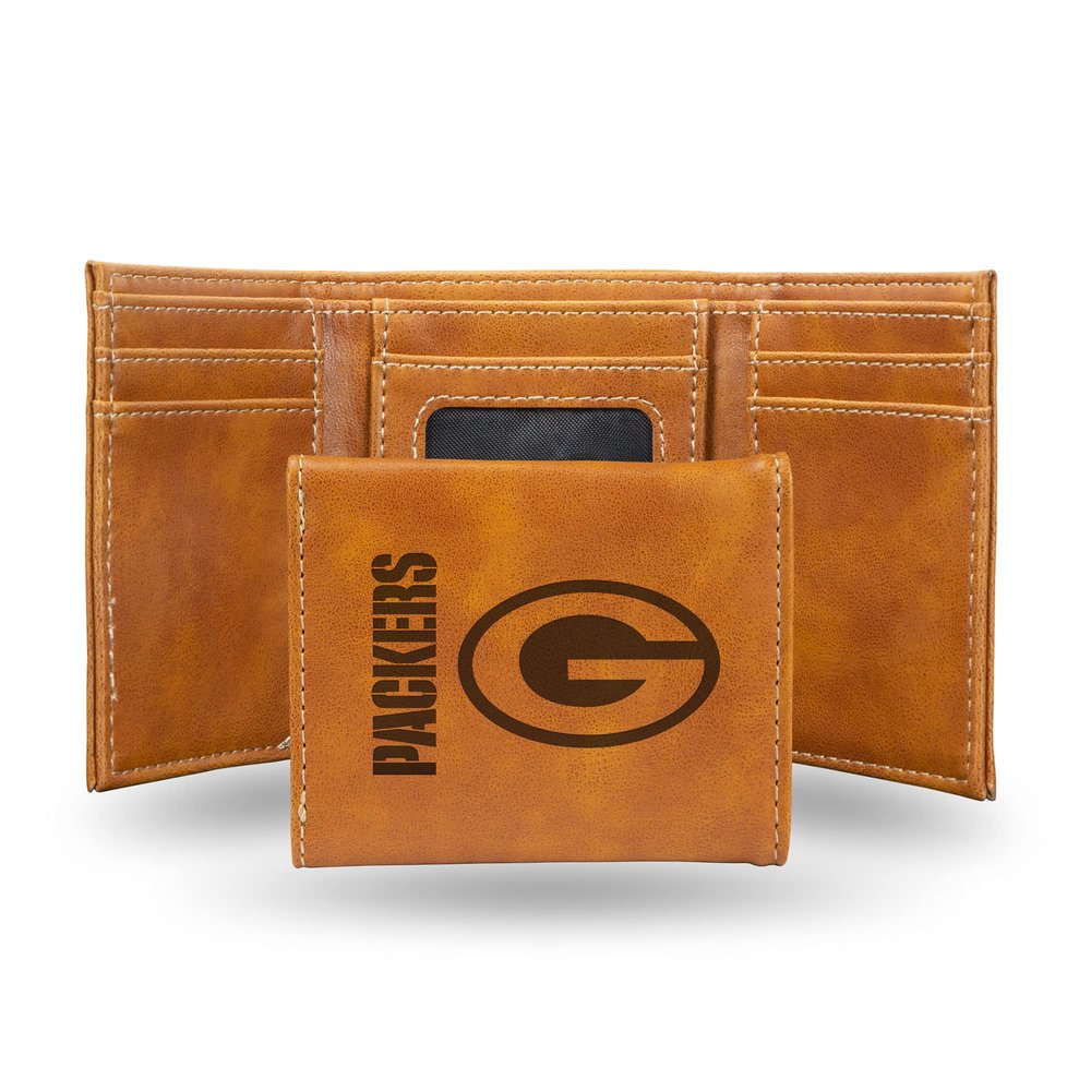 NFL Green Bay Packers Men's Trifold Brown Wallet- Premium Laser-Engraved NFL Team Logo on Vegan/Faux Leather- Minimalist Design Includes ID Window and Credit Card Holder- Ideal Men's Gift