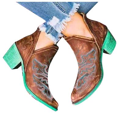 Bcshiye Women's Ankle Booties Retro Pointed Toe V Cut Chunky Mid Heels Dress Boots Embroidered Western Short Boots