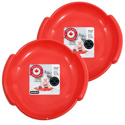 Superio Round Snow Saucer Sled- 24" Plastic Disc Sled for Kids and Adults- Heavy Duty Sled with Handles for Downhill Sledding, Winter Outdoor Sports (Red, 2 Pack)