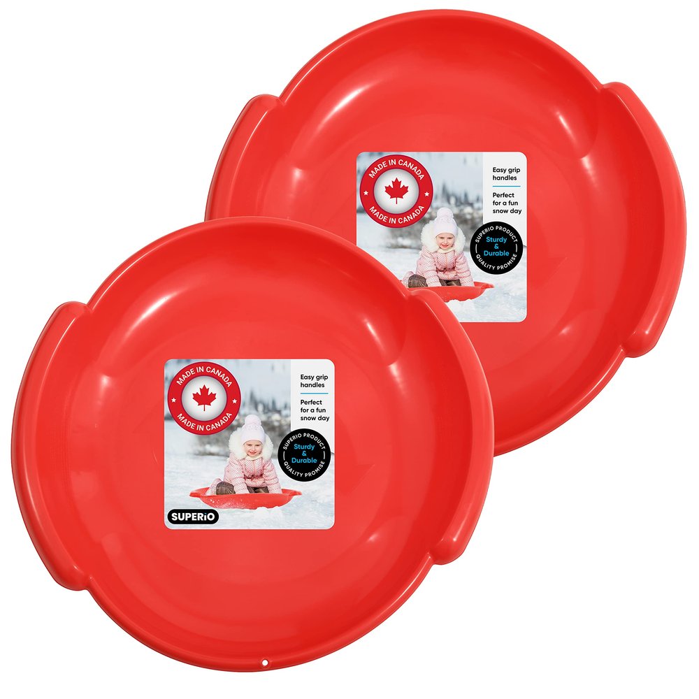 Superio Round Snow Saucer Sled- 24" Plastic Disc Sled for Kids and Adults- Heavy Duty Sled with Handles for Downhill Sledding, Winter Outdoor Sports (Red, 2 Pack)