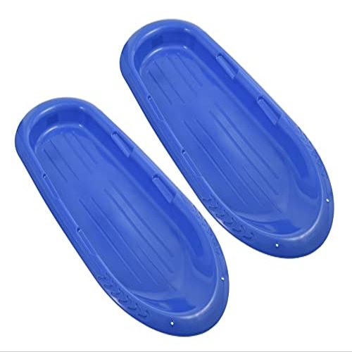 Superio Toboggan Snow Sleds for Kids and Adults, 2 Pack Heavy Duty Plastic Sliders with Handles and Hole for Pull Ropes- Kid and Adult Winter Fun (Blue (48"))