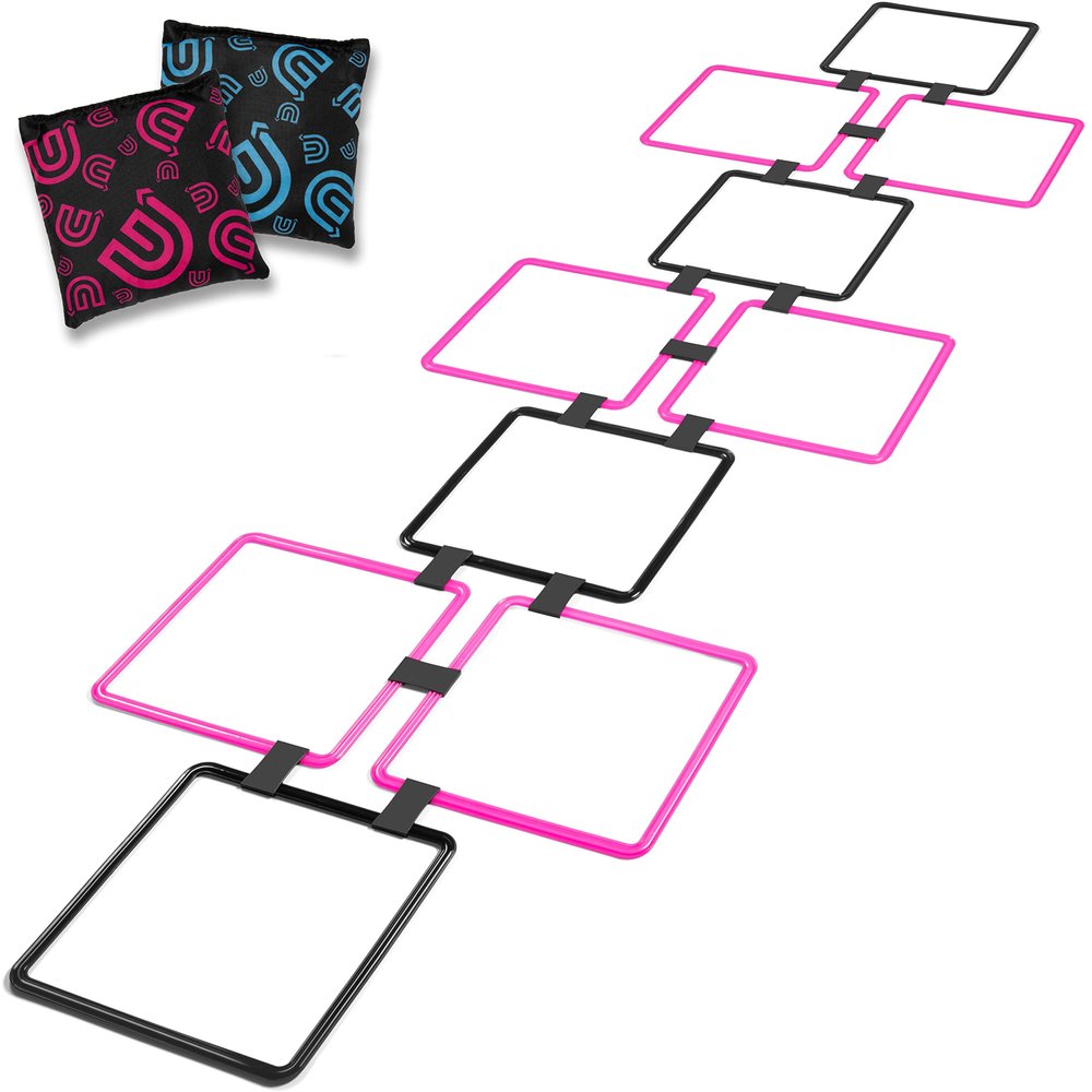GETMOVIN SPORTS Hopscotch Squares Set with 2 Premium Beanbags Giant Sized 15 Inch Squares with 15 Connectors for Indoor/Outdoor Portable Fun Conditioning Agility Training (Pink)