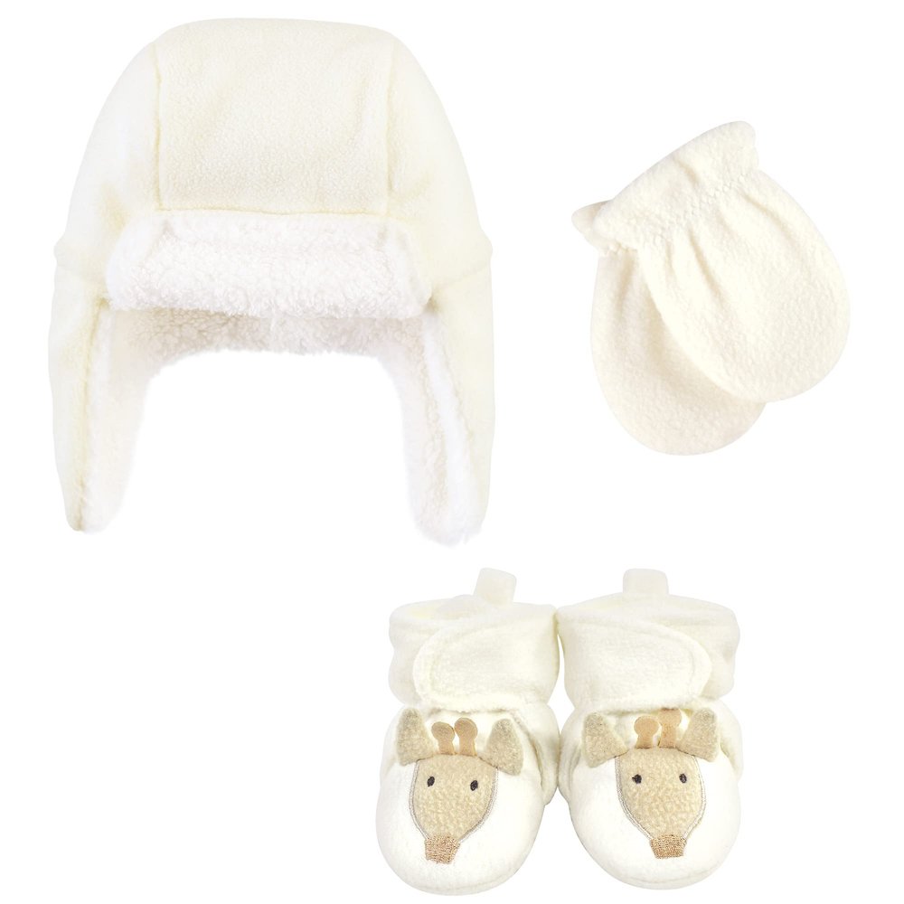 Hudson Baby Unisex Trapper Hat, Mitten and Bootie Set, Giraffe, 6-12 Months, Giraffe, 6-12 Months US