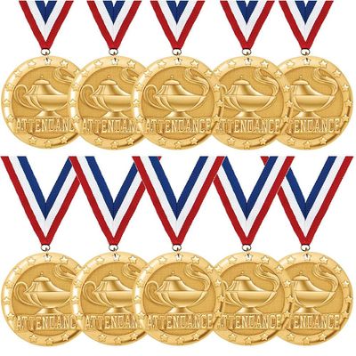 Crown Awards Attendance Medals - Sold in Packs of 10-2" Shiny Gold Perfect Attendance Medals with Ribbon Prime
