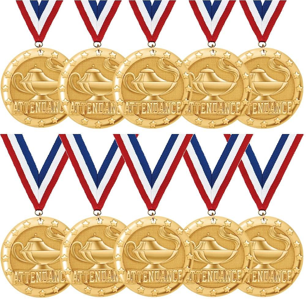Crown Awards Attendance Medals - Sold in Packs of 10-2" Shiny Gold Perfect Attendance Medals with Ribbon Prime