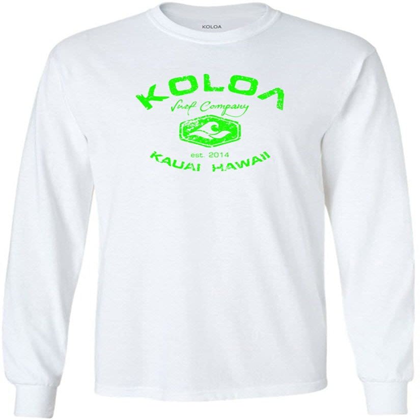 Joe's USA Koloa Surf Vintage Logo Heavy Cotton Long Sleeve T-Shirt, Large, White-Green